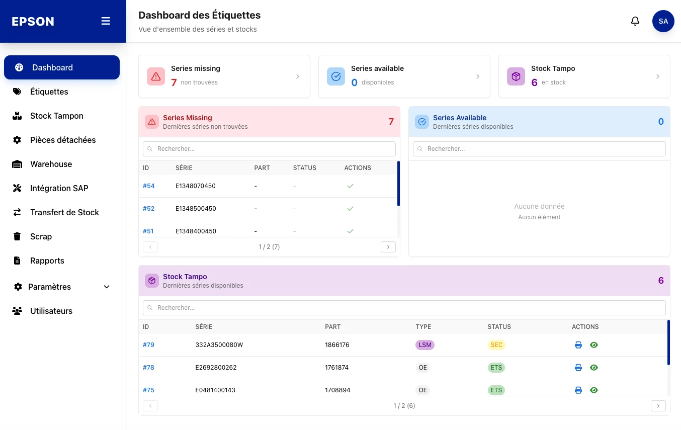 Epson, Dashboard, capture écran de l'application web de gestion d'étiquettes développée par FreshMarkom