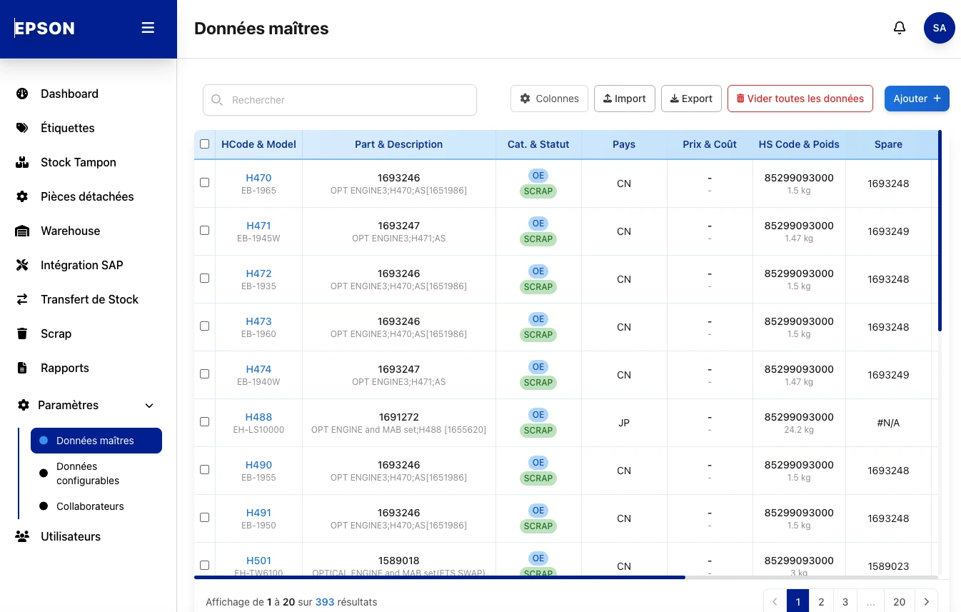 Epson, Référentiel · Données maîtres, capture écran de l'application web de gestion d'étiquettes développée par FreshMarkom