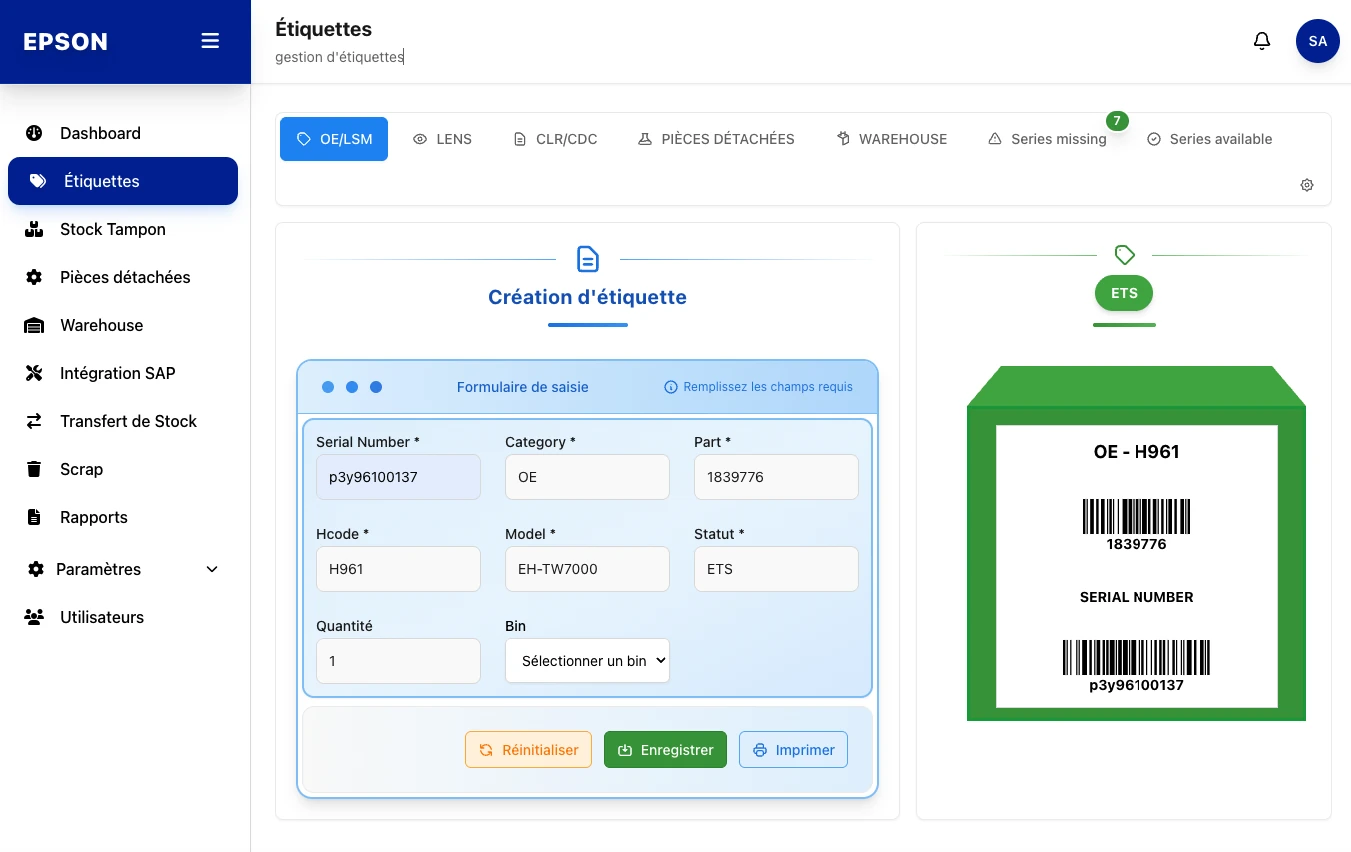 Epson, Création & impression d'étiquettes, capture écran de l'application web de gestion d'étiquettes développée par FreshMarkom