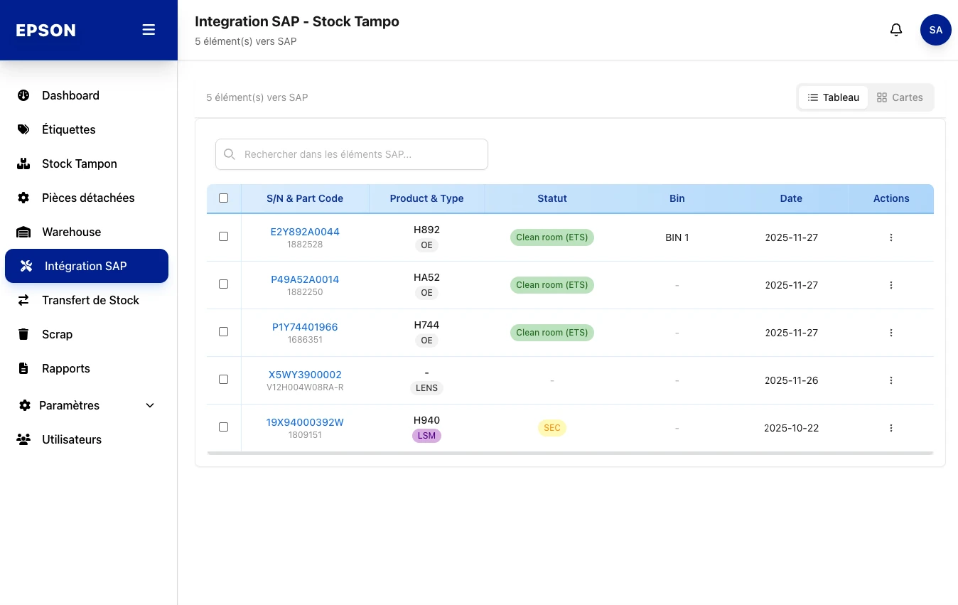 Epson, Synchronisation vers SAP, capture écran de l'application web de gestion d'étiquettes développée par FreshMarkom