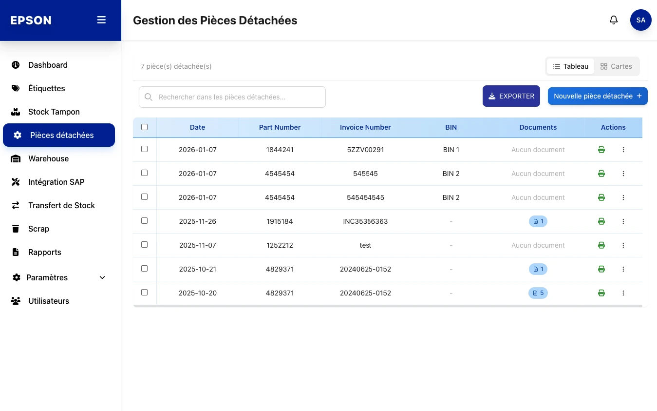 Epson, Gestion des pièces détachées, capture écran de l'application web de gestion d'étiquettes développée par FreshMarkom