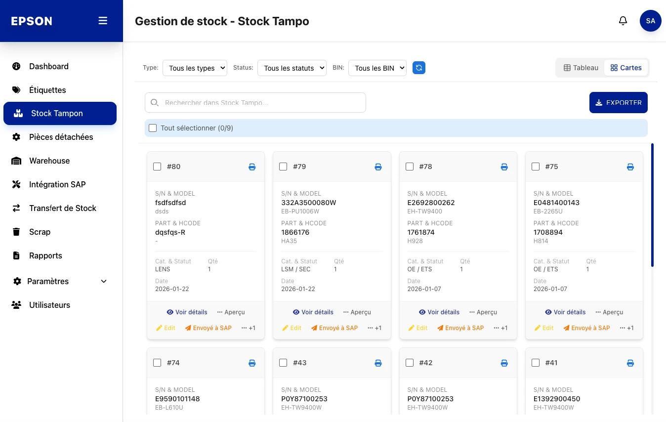 Epson, Gestion de stock · Stock Tampon, capture écran de l'application web de gestion d'étiquettes développée par FreshMarkom