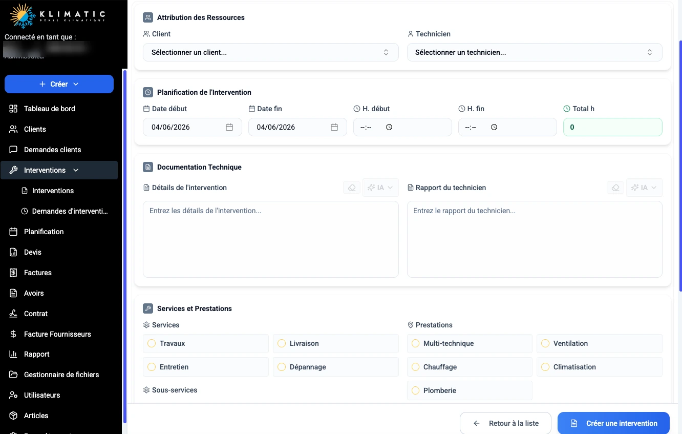 Klimatic, Interventions (2), capture écran de l'application SaaS de gestion CVC développée par FreshMarkom