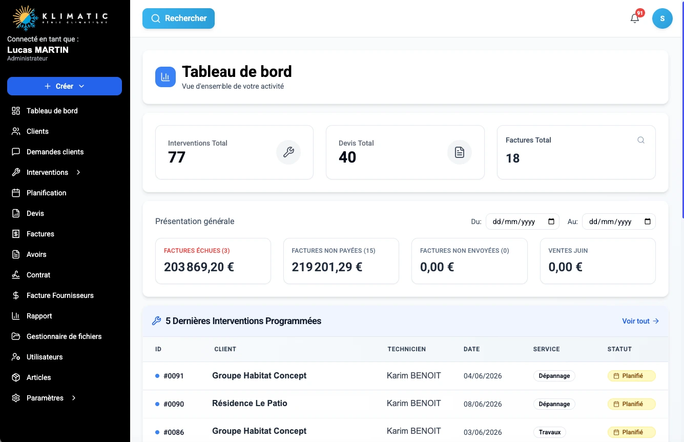 Klimatic, Tableau de bord, capture écran de l'application SaaS de gestion CVC développée par FreshMarkom