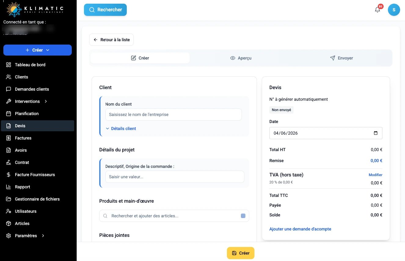 Klimatic, Devis (2), capture écran de l'application SaaS de gestion CVC développée par FreshMarkom