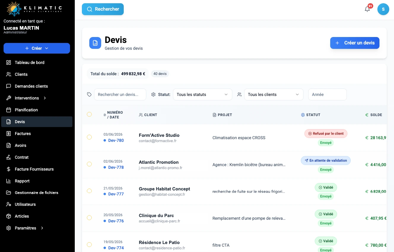Klimatic, Devis, capture écran de l'application SaaS de gestion CVC développée par FreshMarkom
