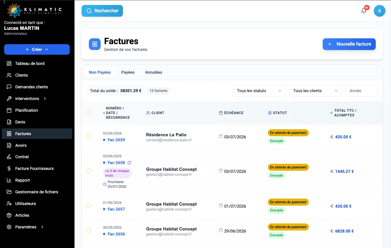Klimatic, Factures, capture écran de l'application SaaS de gestion CVC développée par FreshMarkom