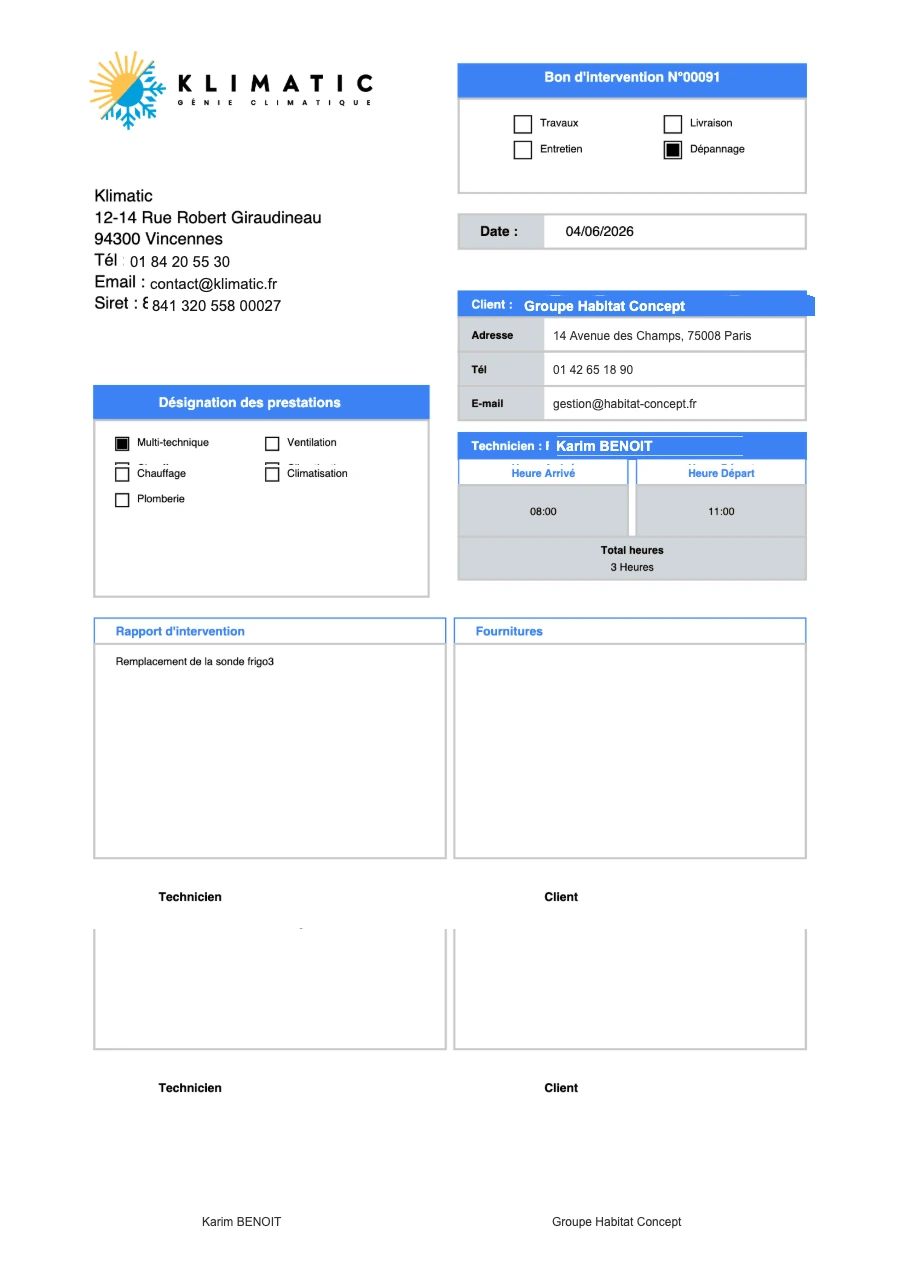 Klimatic, Bon d'intervention généré par la plateforme, capture écran de l'application SaaS de gestion CVC développée par FreshMarkom
