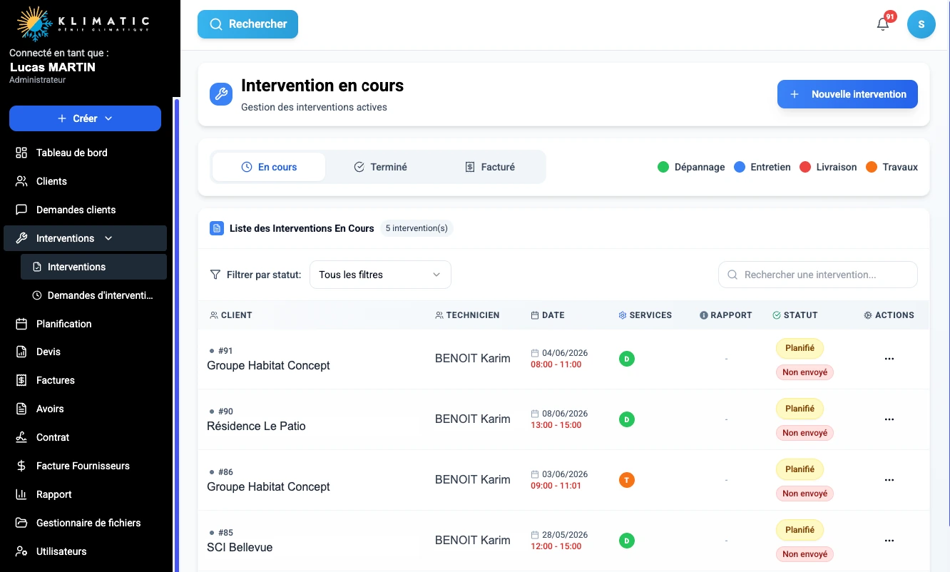 Klimatic, Interventions, capture écran de l'application SaaS de gestion CVC développée par FreshMarkom