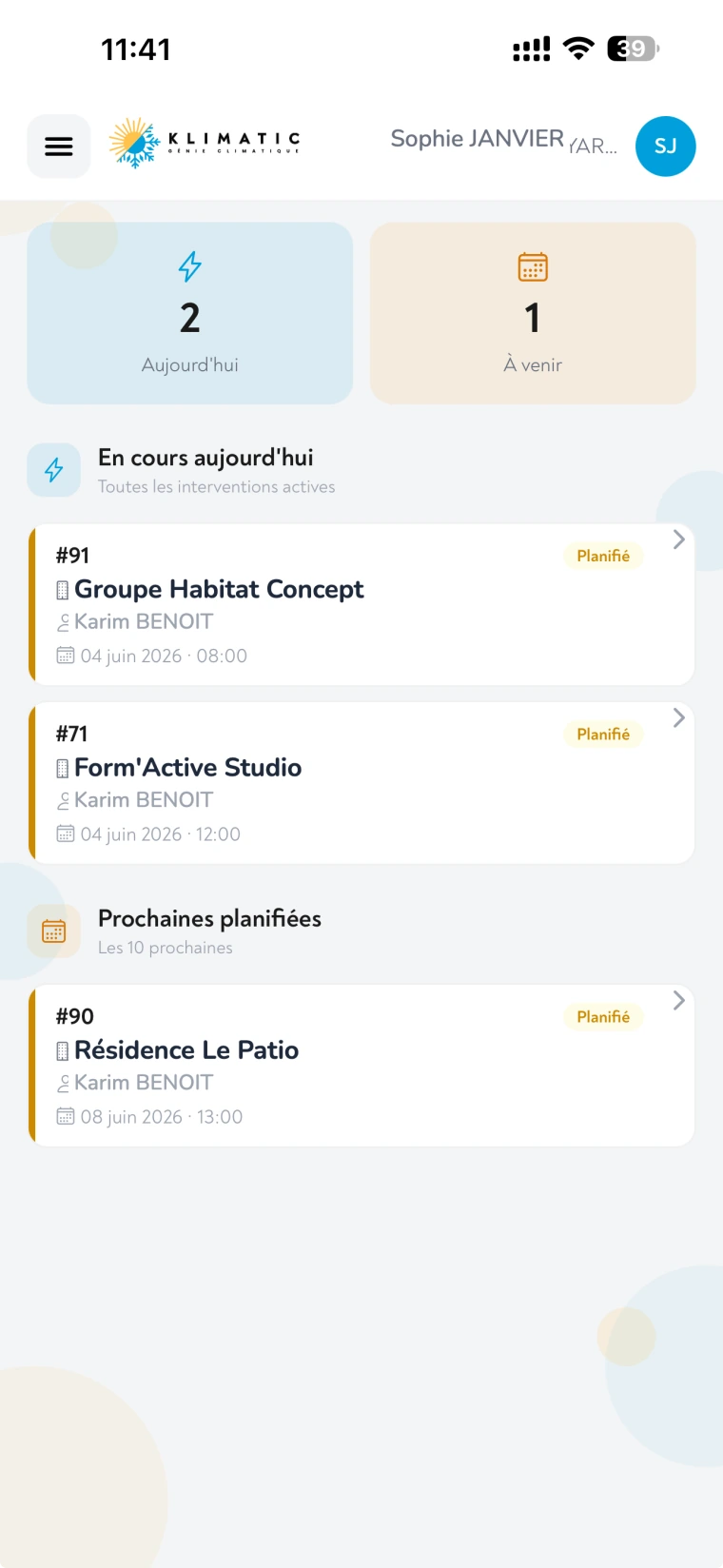 Klimatic, Accueil technicien, capture écran de l'application SaaS de gestion CVC développée par FreshMarkom