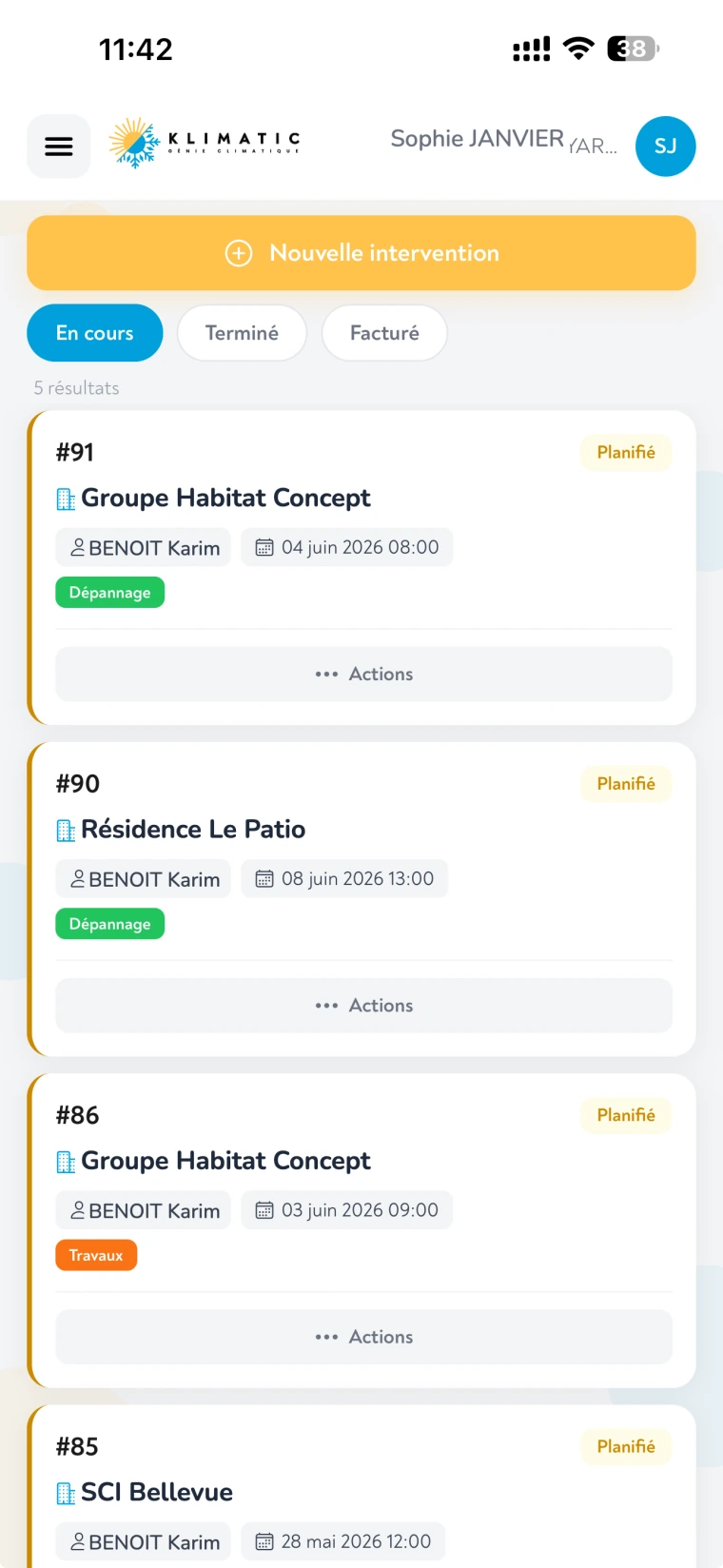 Klimatic, Mes interventions, capture écran de l'application SaaS de gestion CVC développée par FreshMarkom