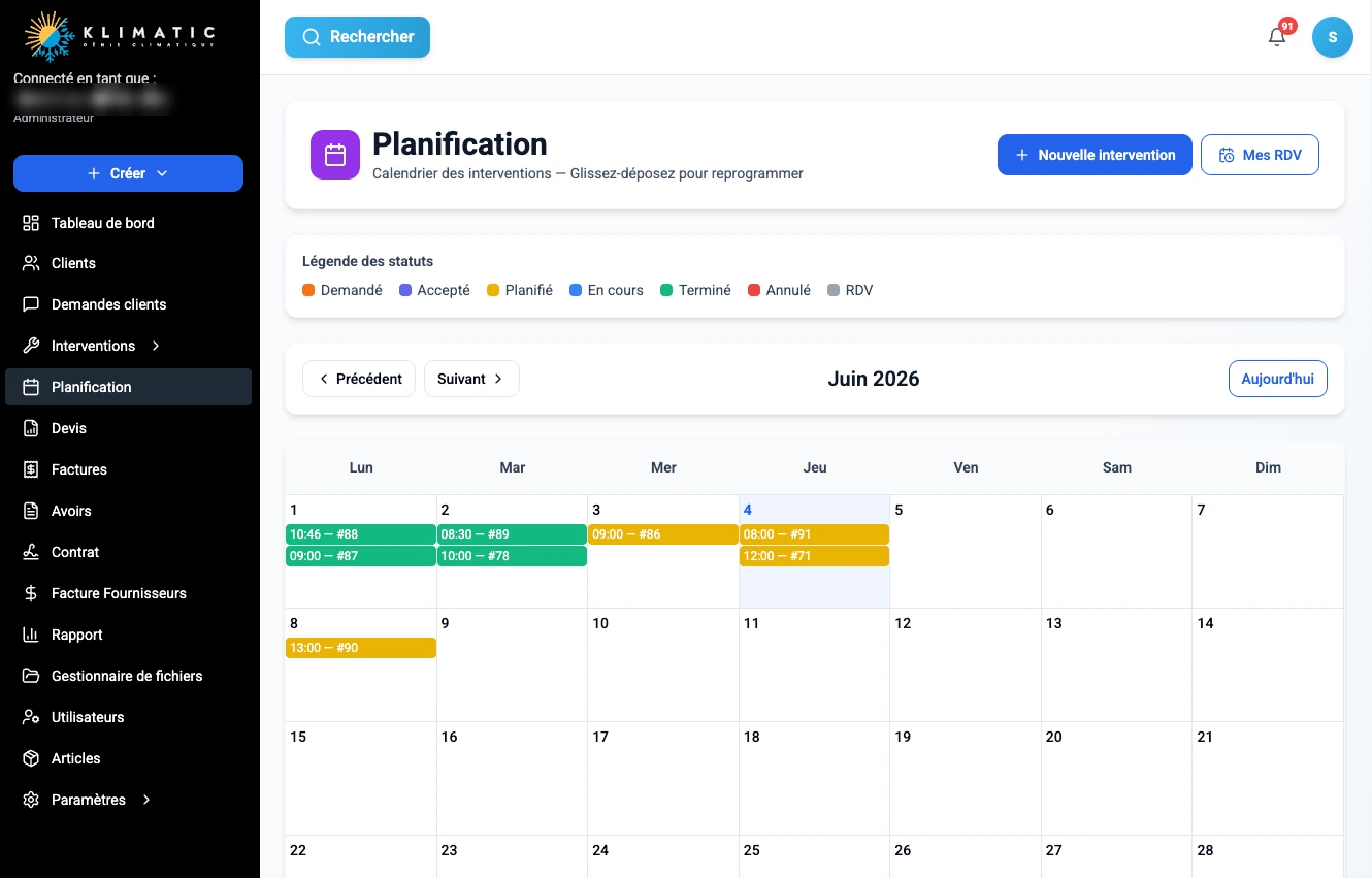 Klimatic, Planification, capture écran de l'application SaaS de gestion CVC développée par FreshMarkom