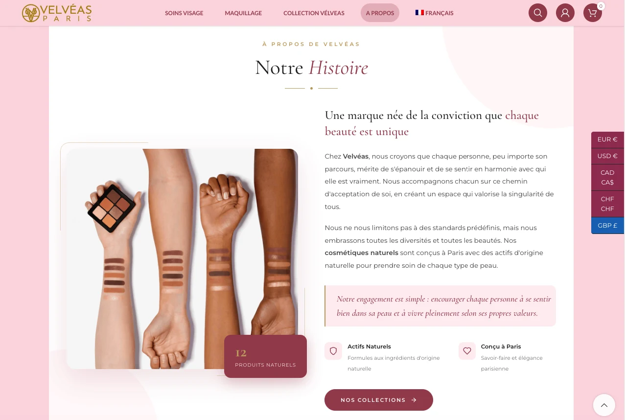 Velvéas Paris, À Propos · Notre Histoire, capture écran de la boutique e-commerce cosmétique développée par FreshMarkom