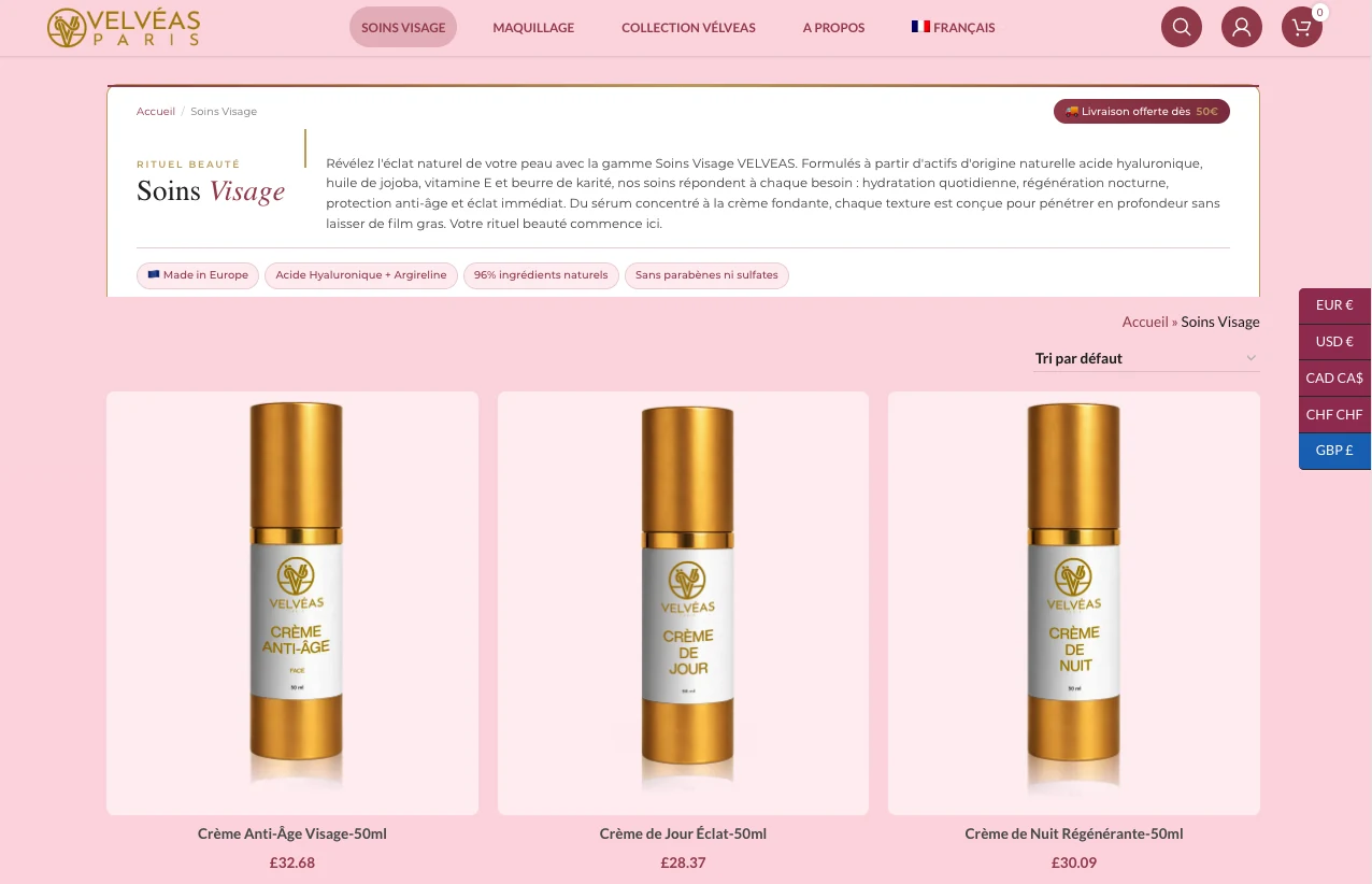 Velvéas Paris, Catégorie · Soins Visage, capture écran de la boutique e-commerce cosmétique développée par FreshMarkom