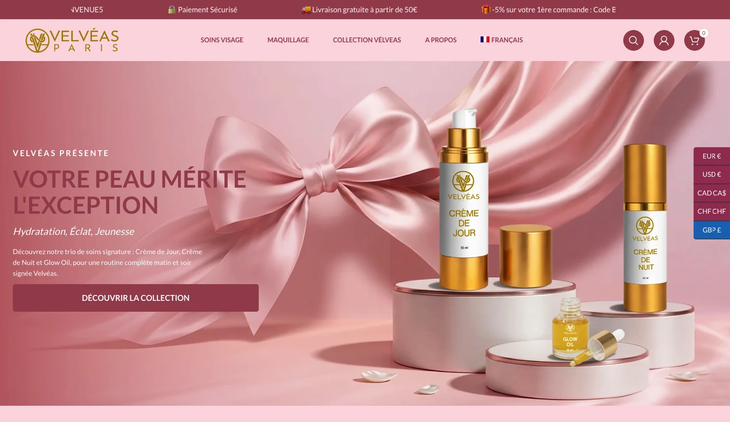 Velvéas Paris, Accueil, capture écran de la boutique e-commerce cosmétique développée par FreshMarkom