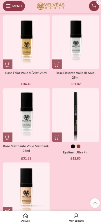 Velvéas Paris, Catalogue mobile, capture écran de la boutique e-commerce cosmétique développée par FreshMarkom