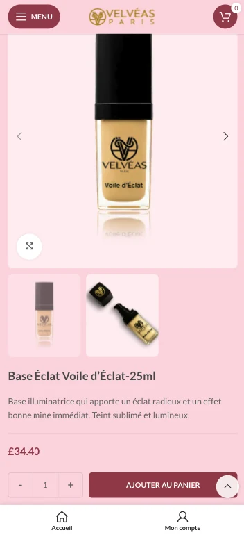 Velvéas Paris, Produit mobile, capture écran de la boutique e-commerce cosmétique développée par FreshMarkom