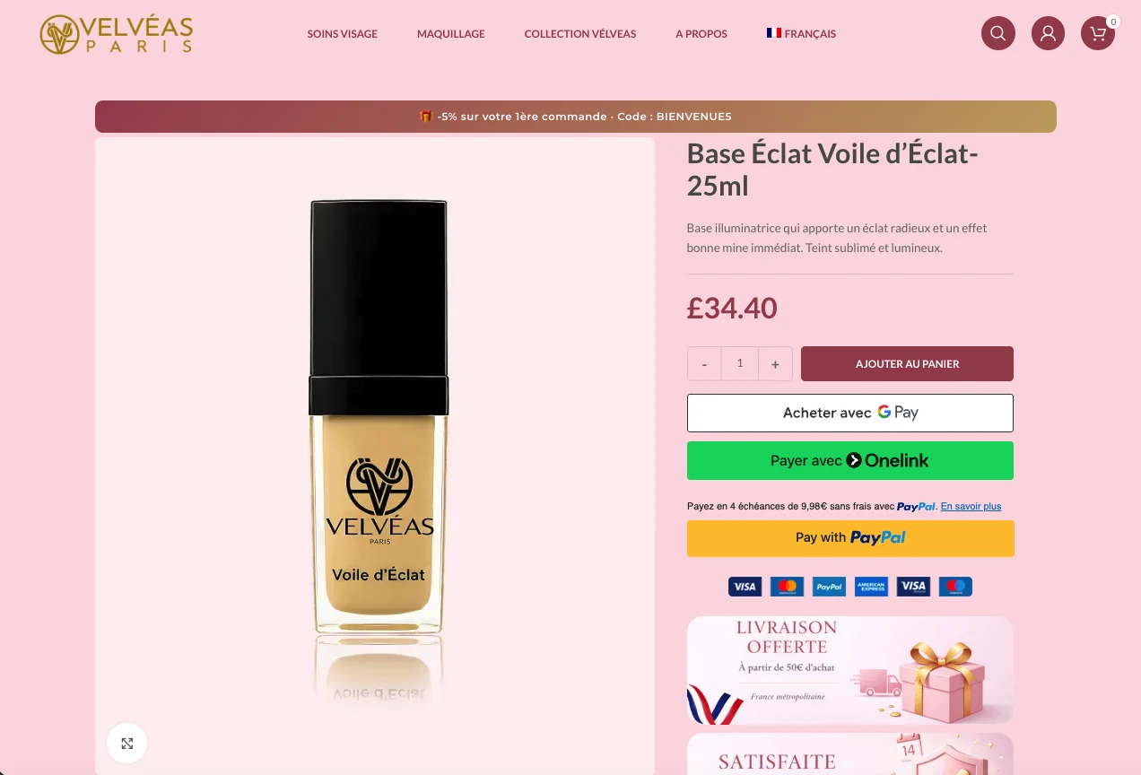 Velvéas Paris, Fiche produit · checkout express & paiement en 4x, capture écran de la boutique e-commerce cosmétique développée par FreshMarkom